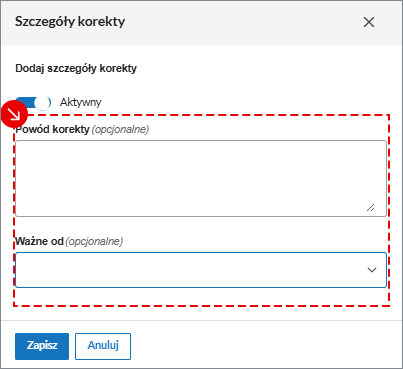 Wyb&oacute;r opcji w oknie Adnotacje